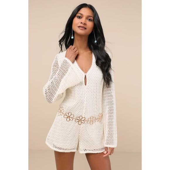 Pants - NWT Lulus Halima Cream Crochet Bell Sleeve Romper Large